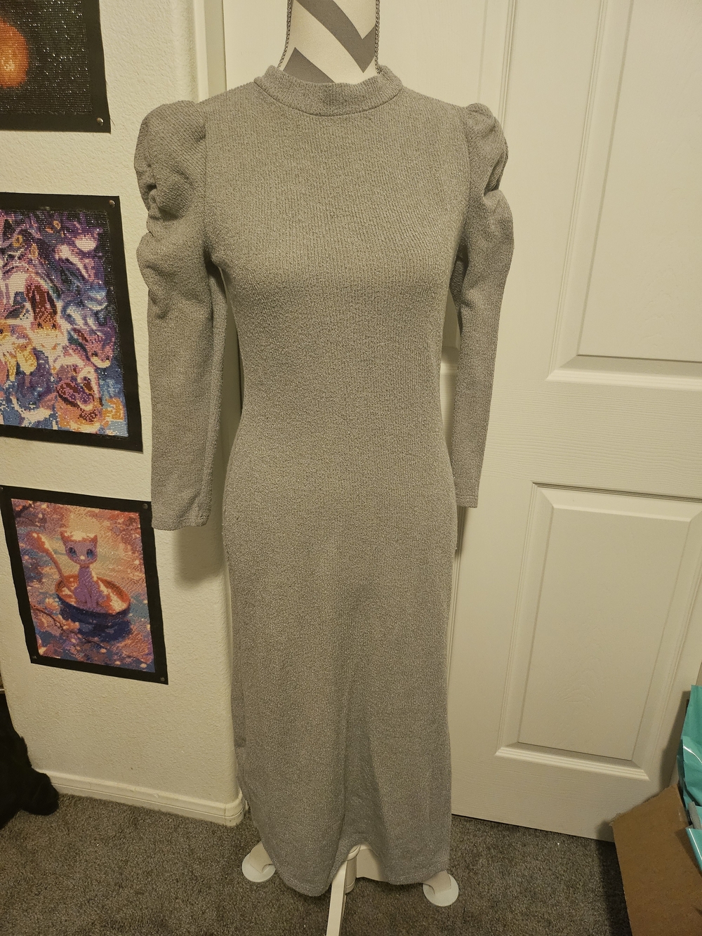 All in Favor Gray Puff-Sleeve Knit Maxi Dress